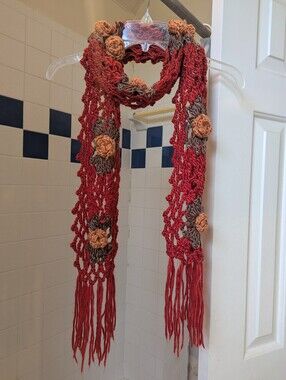Beautiful Handmade red and brown crocheted scarf